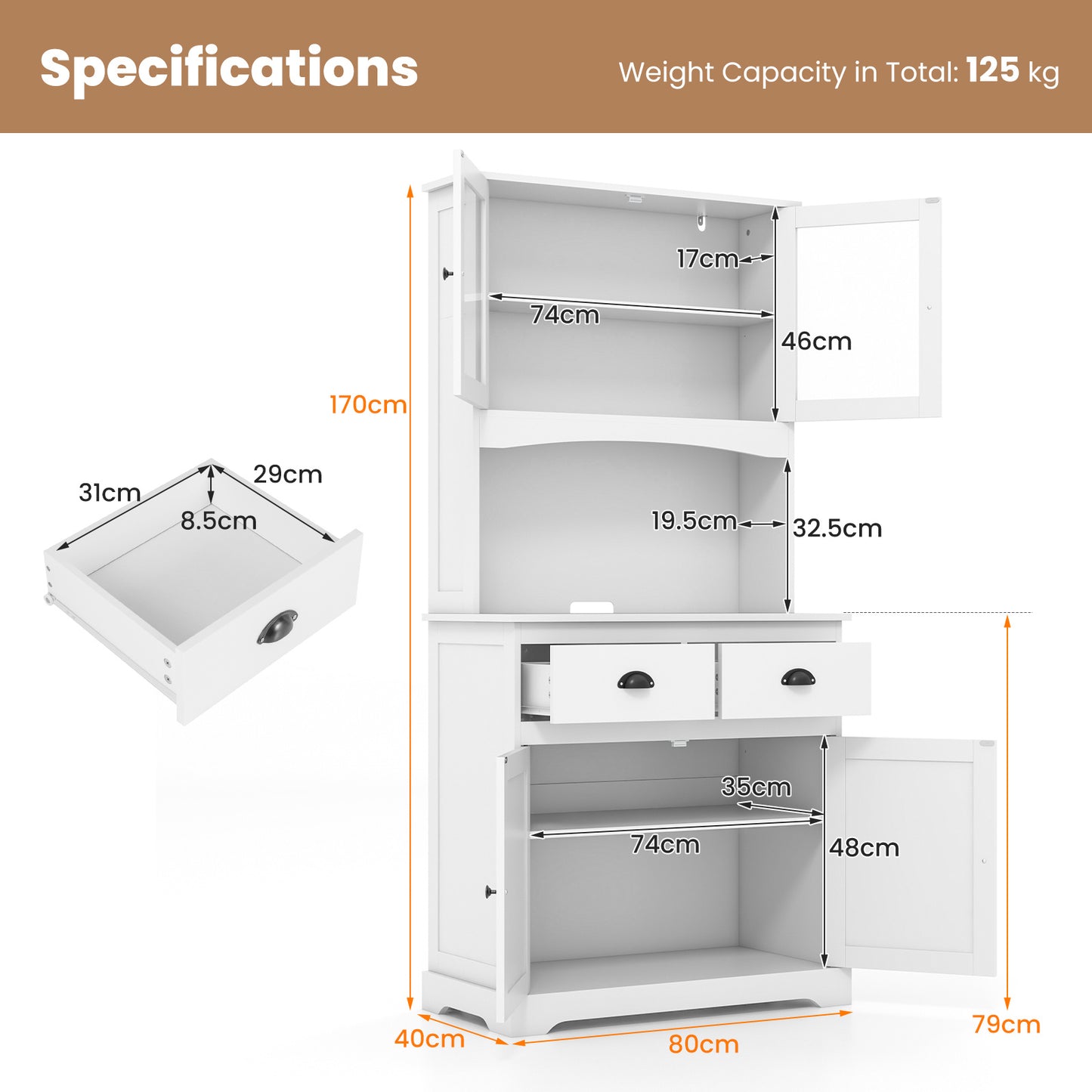 Costway 170 cm Hoog Dressoir met Opzetstuk Servieskast met 4 Deuren van Gehard Glas Wit