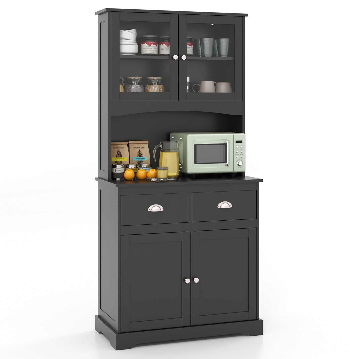 Costway 170 cm Hoog Dressoir met Opzetstuk Servieskast met 4 Deuren van Gehard Glas Zwart
