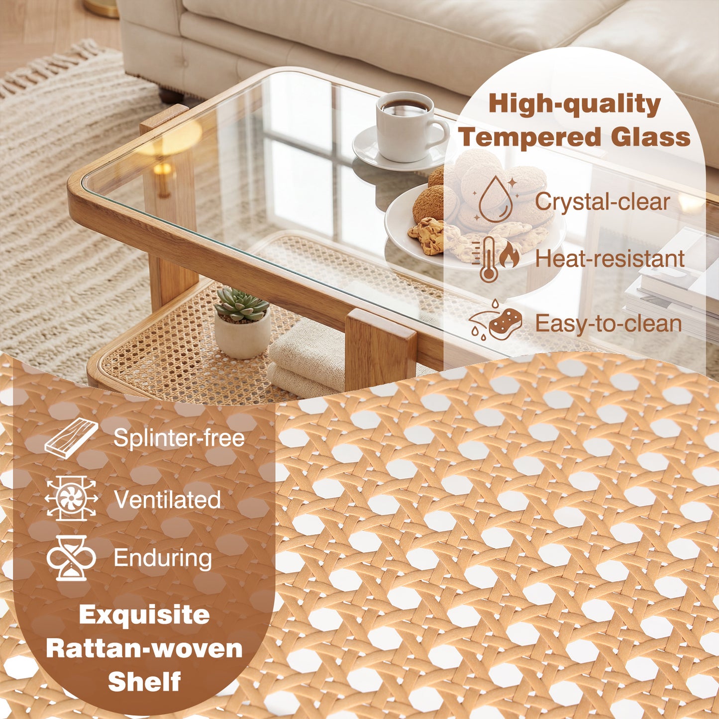 Costway 2-delige Set Salontafel in Boho-stijl Stapelbare Bijzettafel van PE-rattan met Gehard Glazen Blad & Rubberhouten Frame