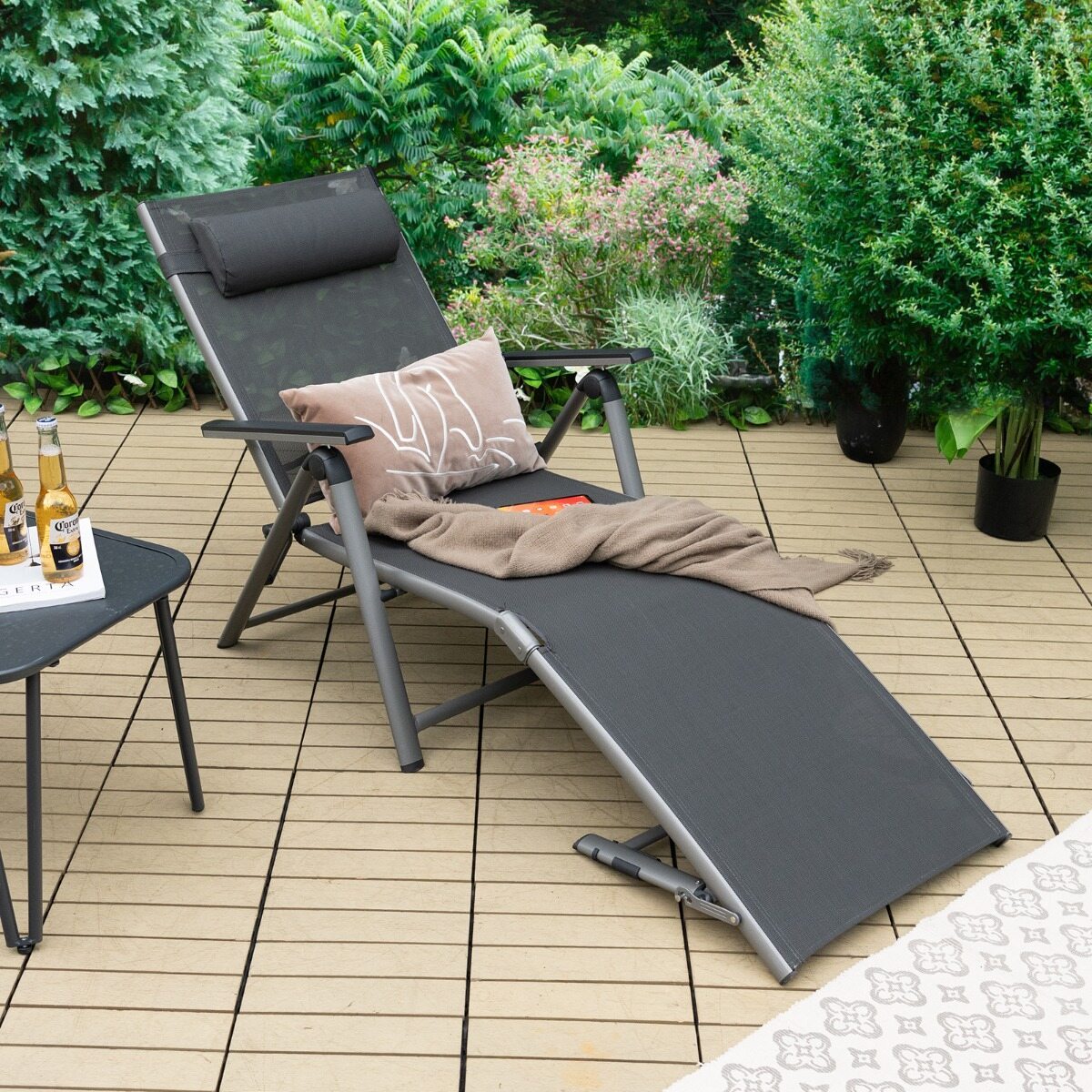 Costway 2 Stucks Buiten Aluminium Ligstoel Patio Opvouwbare Ligstoel met 8 Rugleuning en 2 Poot Verstelbare Posities Ligstoel met Sneldrogende Stof