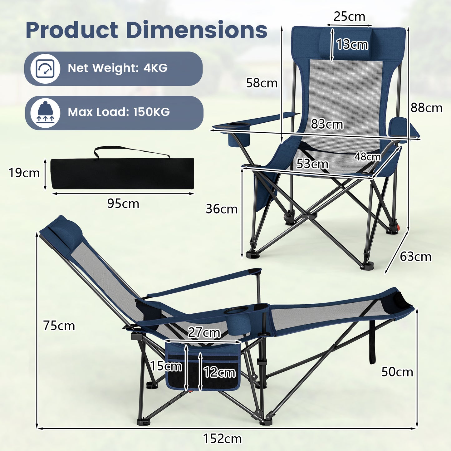 Costway 2 Stucks Campingstoel met Afneembare Voetensteun & Verstelbare Rugleuning & Hoofdsteun Visstoel Blauw