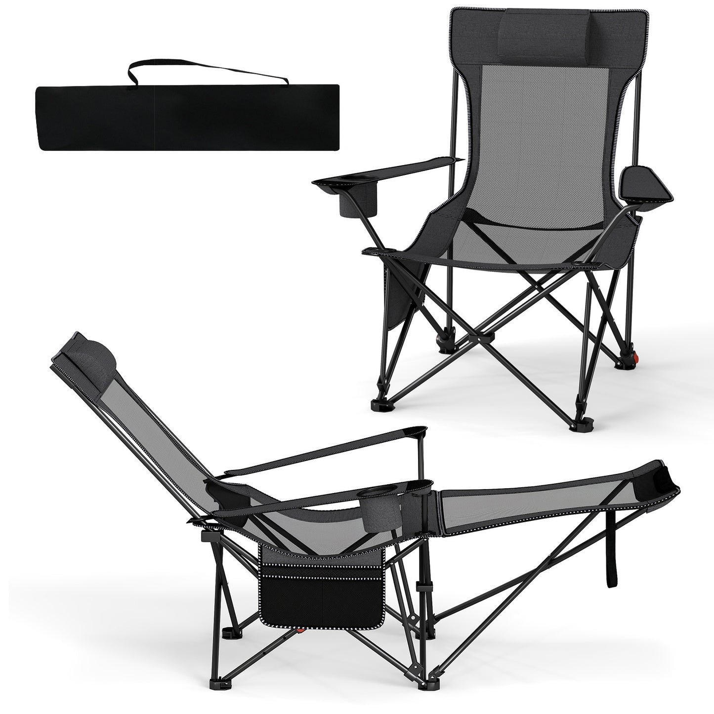 Costway 2 Stucks Campingstoel met Afneembare Voetensteun & Verstelbare Rugleuning & Hoofdsteun Visstoel Grijs