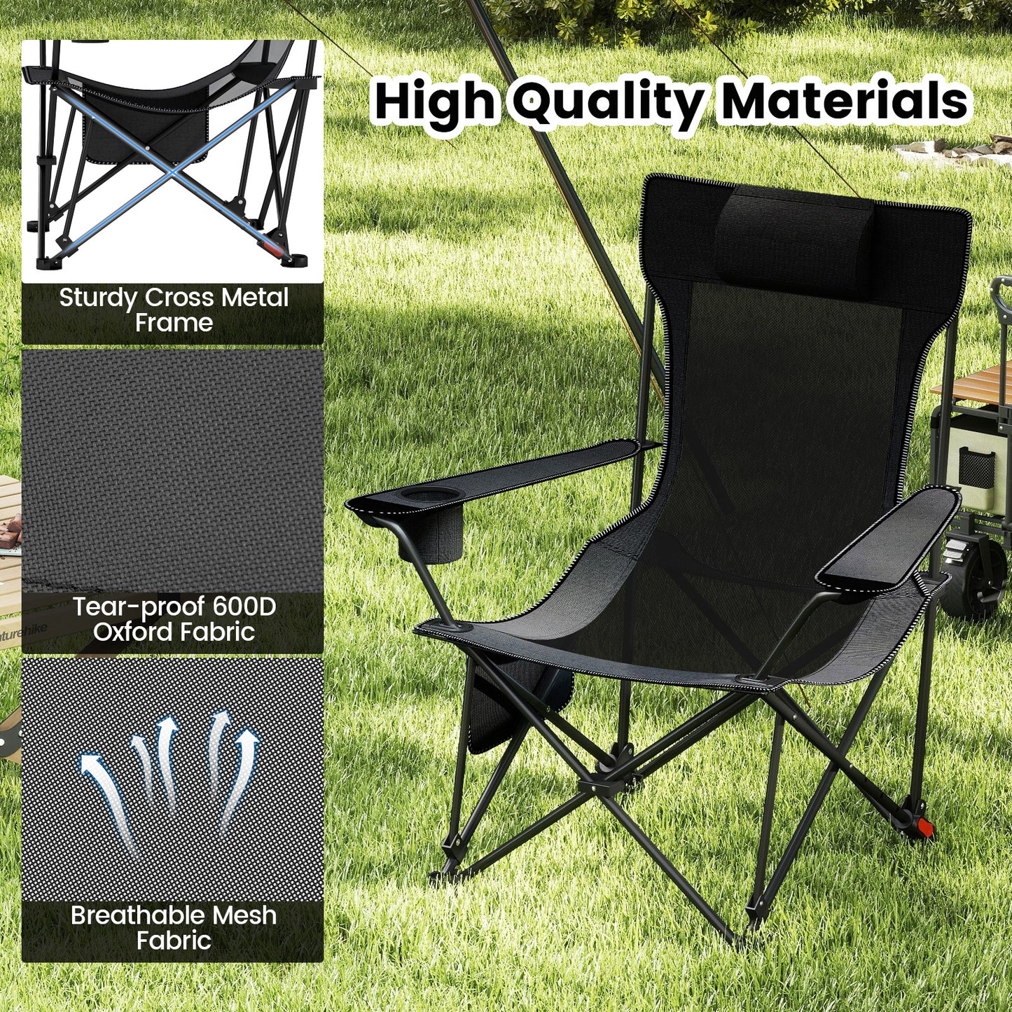 Costway 2 Stucks Campingstoel met Afneembare Voetensteun & Verstelbare Rugleuning & Hoofdsteun Visstoel Grijs