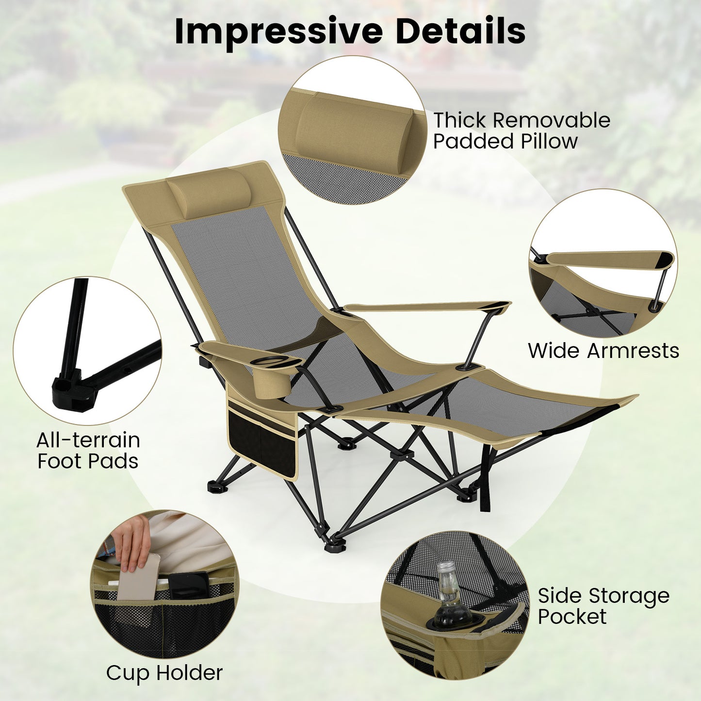 Costway 2 Stucks Campingstoel met Afneembare Voetensteun & Verstelbare Rugleuning & Hoofdsteun Visstoel Groen