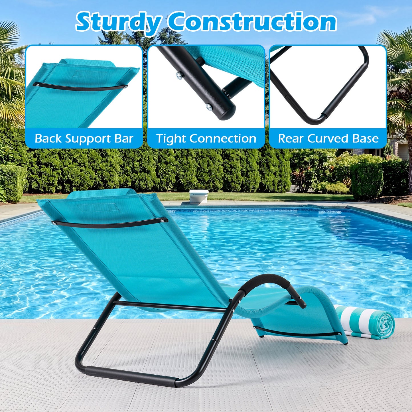 Costway 2 Stucks Ergonomische Ligstoel voor in de Tuin met Afneembare Hoofdkussen Ligstoel van Ademende Stof Blauw