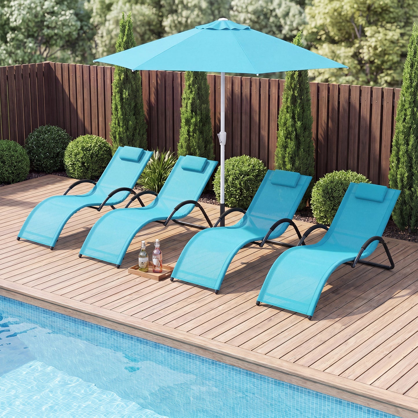 Costway 2 Stucks Ergonomische Ligstoel voor in de Tuin met Afneembare Hoofdkussen Ligstoel van Ademende Stof Blauw