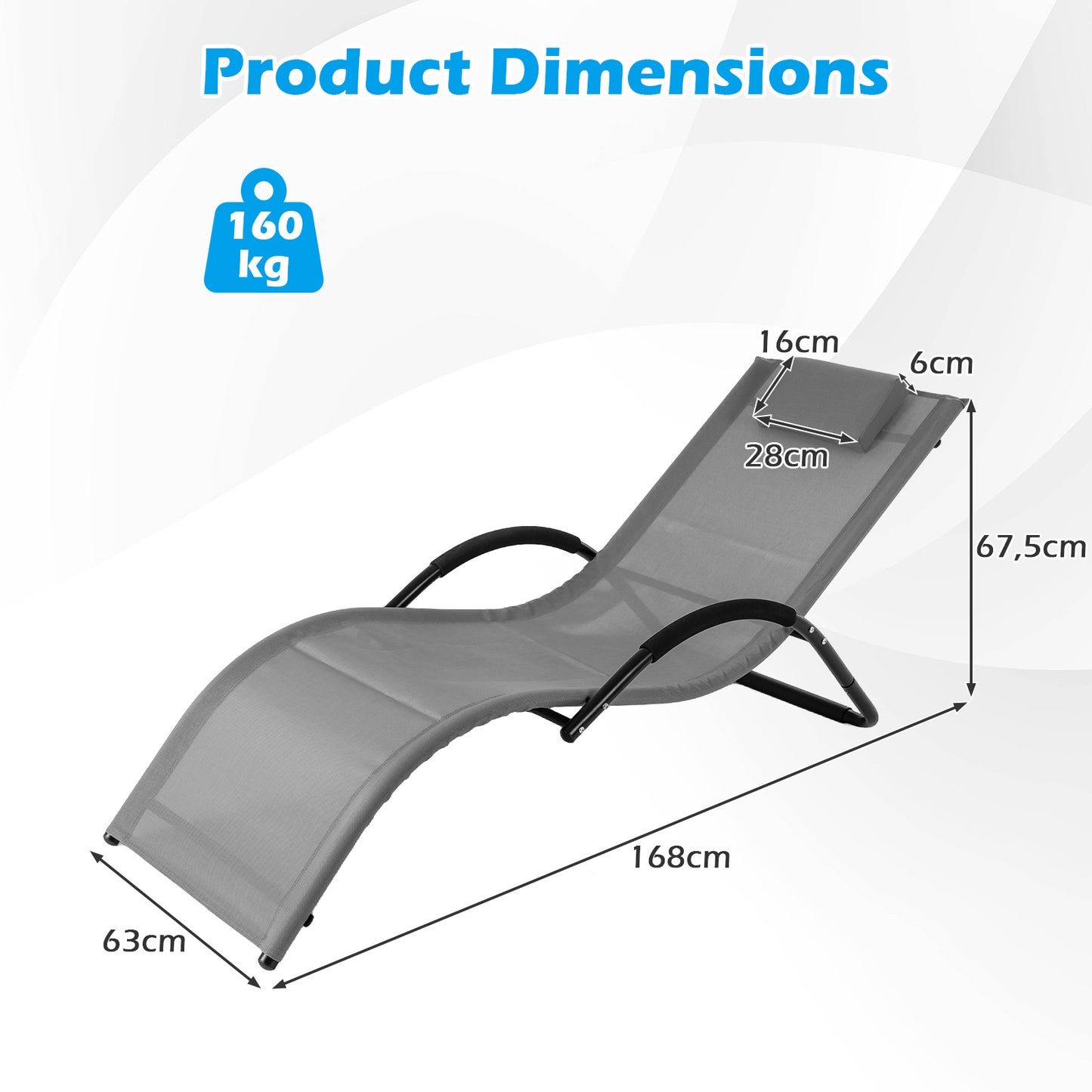 Costway 2 Stucks Ergonomische Ligstoel voor in de Tuin met Afneembare Hoofdkussen Ligstoel van Ademende Stof Grijs
