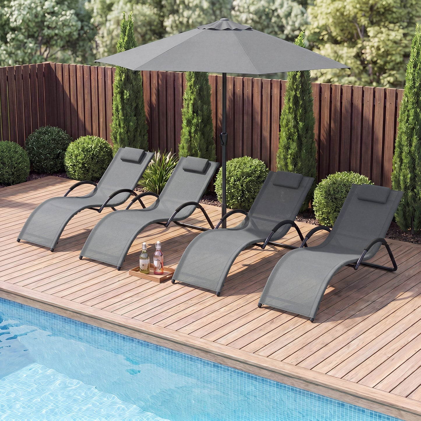 Costway 2 Stucks Ergonomische Ligstoel voor in de Tuin met Afneembare Hoofdkussen Ligstoel van Ademende Stof Grijs