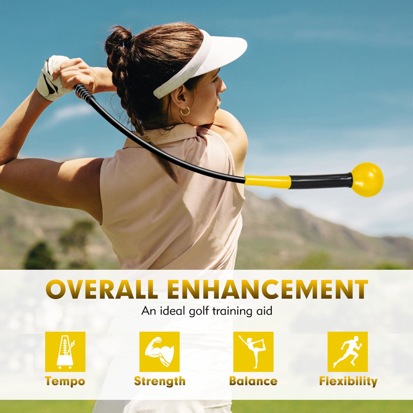 Costway 2 Stucks Golfswingtrainer-hulp 80 cm Golftrainingshulp met Verzwaarde Kop voor Grip Geel