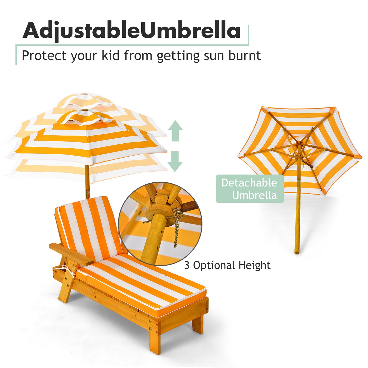Costway (2 Stucks) Kinderligstoel met Parasol Kinderligstoel Hout 106 x 49 x 106 cm Geel + Wit