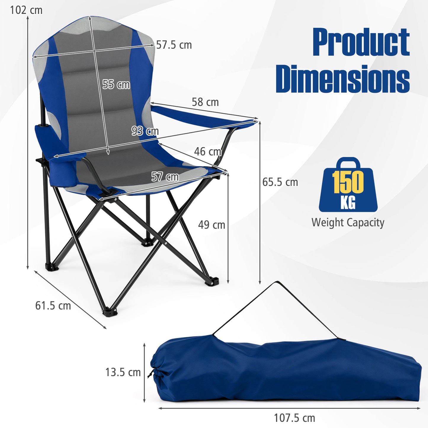 Costway 2 Stucks Opvouwbare Campingstoel Draagbare Visstoel met Bekerhouder Antislip Voeten Draagtas tot 150 kg Belastbaar Blauw