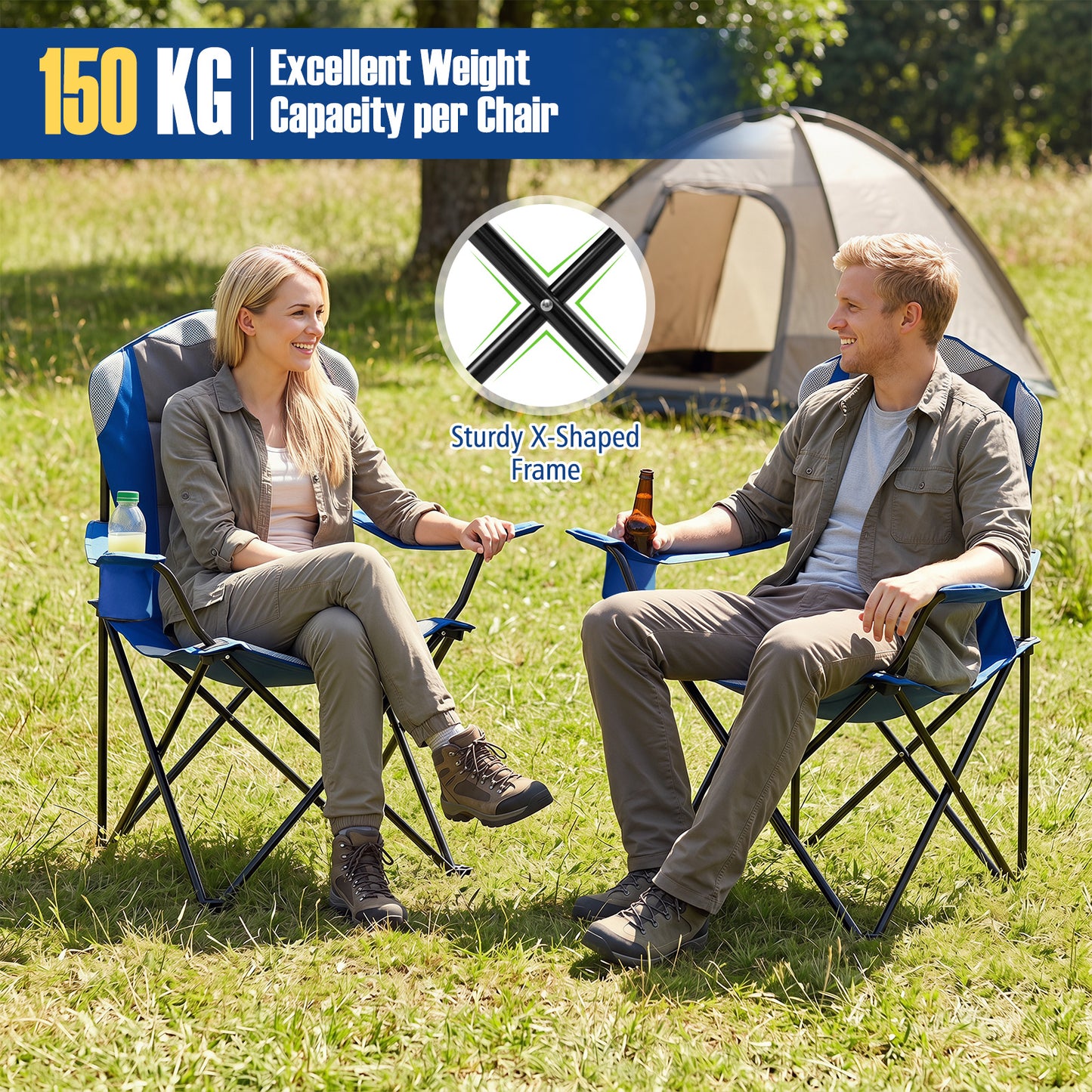 Costway 2 Stucks Opvouwbare Campingstoel Draagbare Visstoel met Bekerhouder Antislip Voeten Draagtas tot 150 kg Belastbaar Blauw