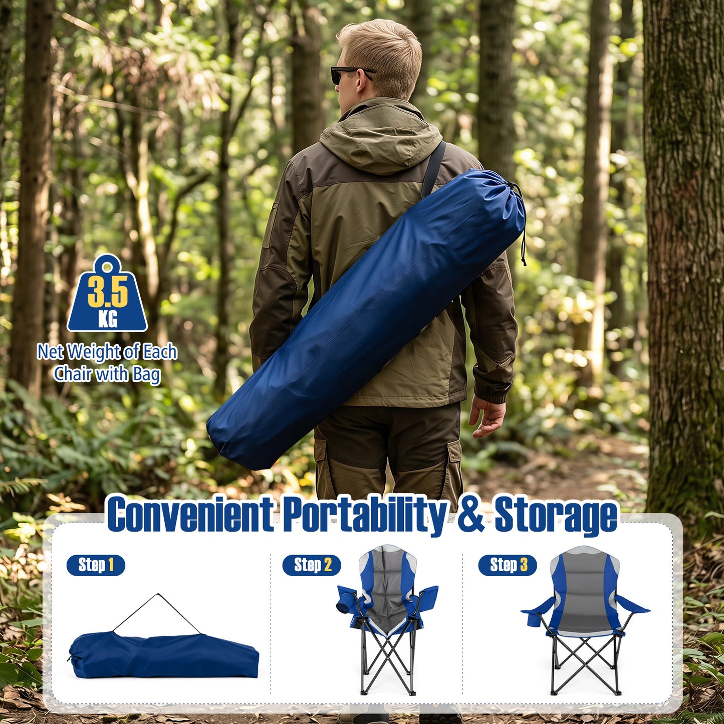 Costway 2 Stucks Opvouwbare Campingstoel Draagbare Visstoel met Bekerhouder Antislip Voeten Draagtas tot 150 kg Belastbaar Blauw