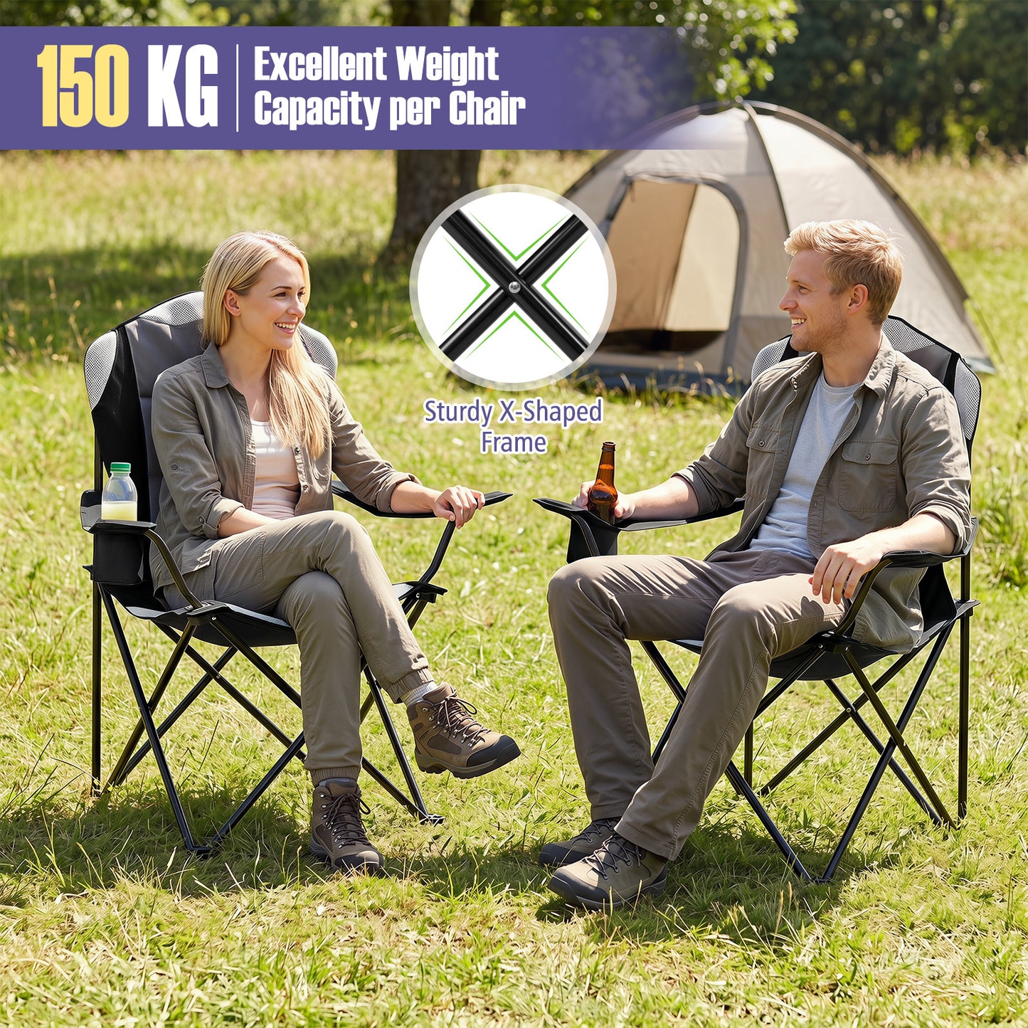 Costway 2 Stucks Opvouwbare Campingstoel Draagbare Visstoel met Bekerhouder Antislip Voeten Draagtas tot 150 kg Belastbaar Zwart