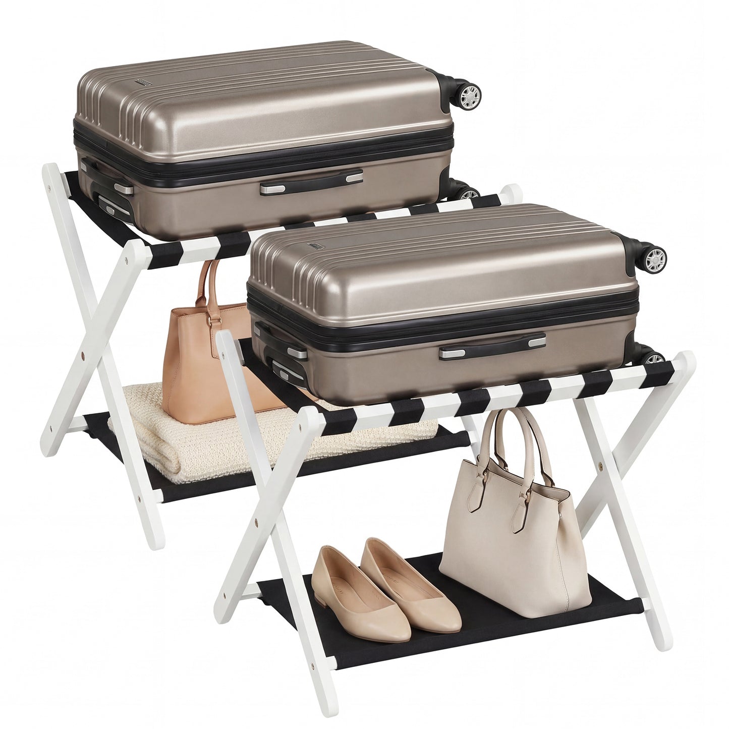 Costway 2 Stucks Opvouwbare Kofferstandaard Bagagerek van Rubberboomhout met 2 Legplanken Kofferbok 67 x 46 x 52 cm Wit en Zwart