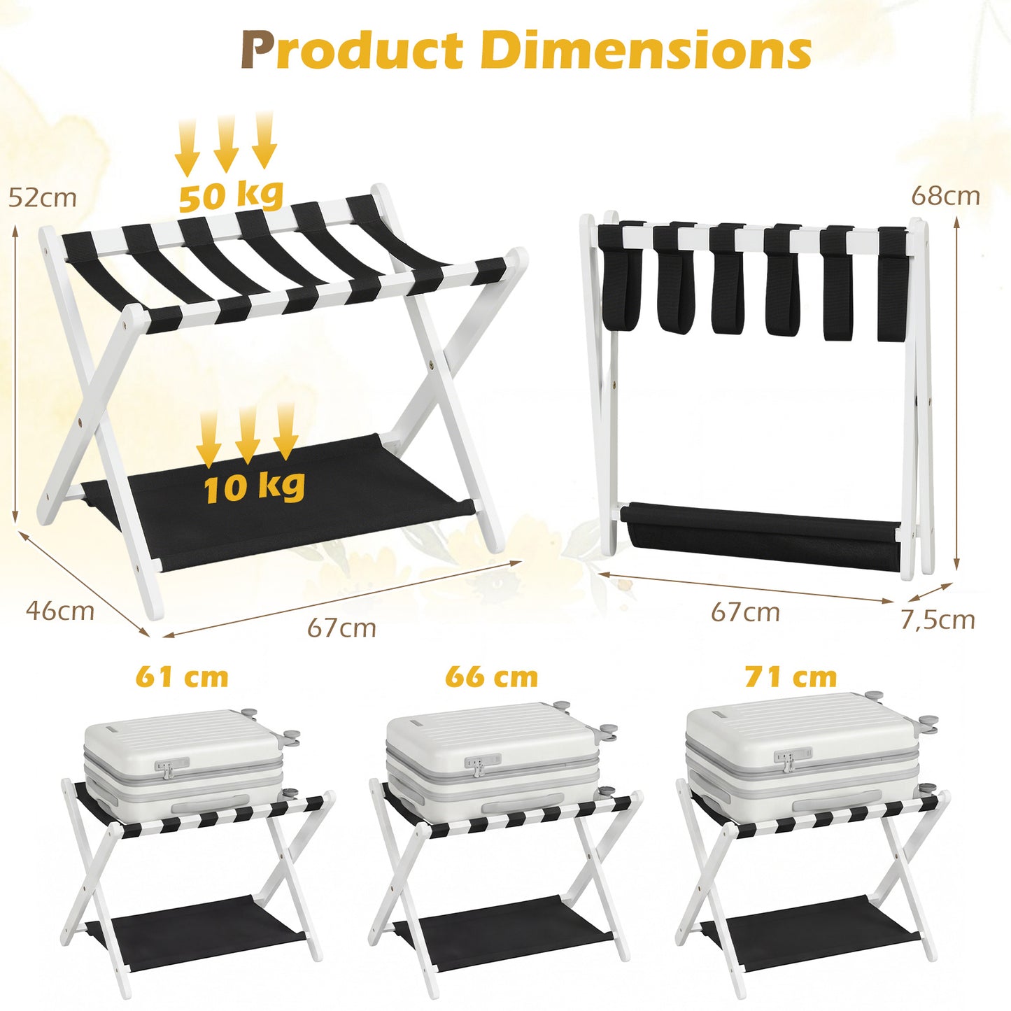 Costway 2 Stucks Opvouwbare Kofferstandaard Bagagerek van Rubberboomhout met 2 Legplanken Kofferbok 67 x 46 x 52 cm Wit en Zwart