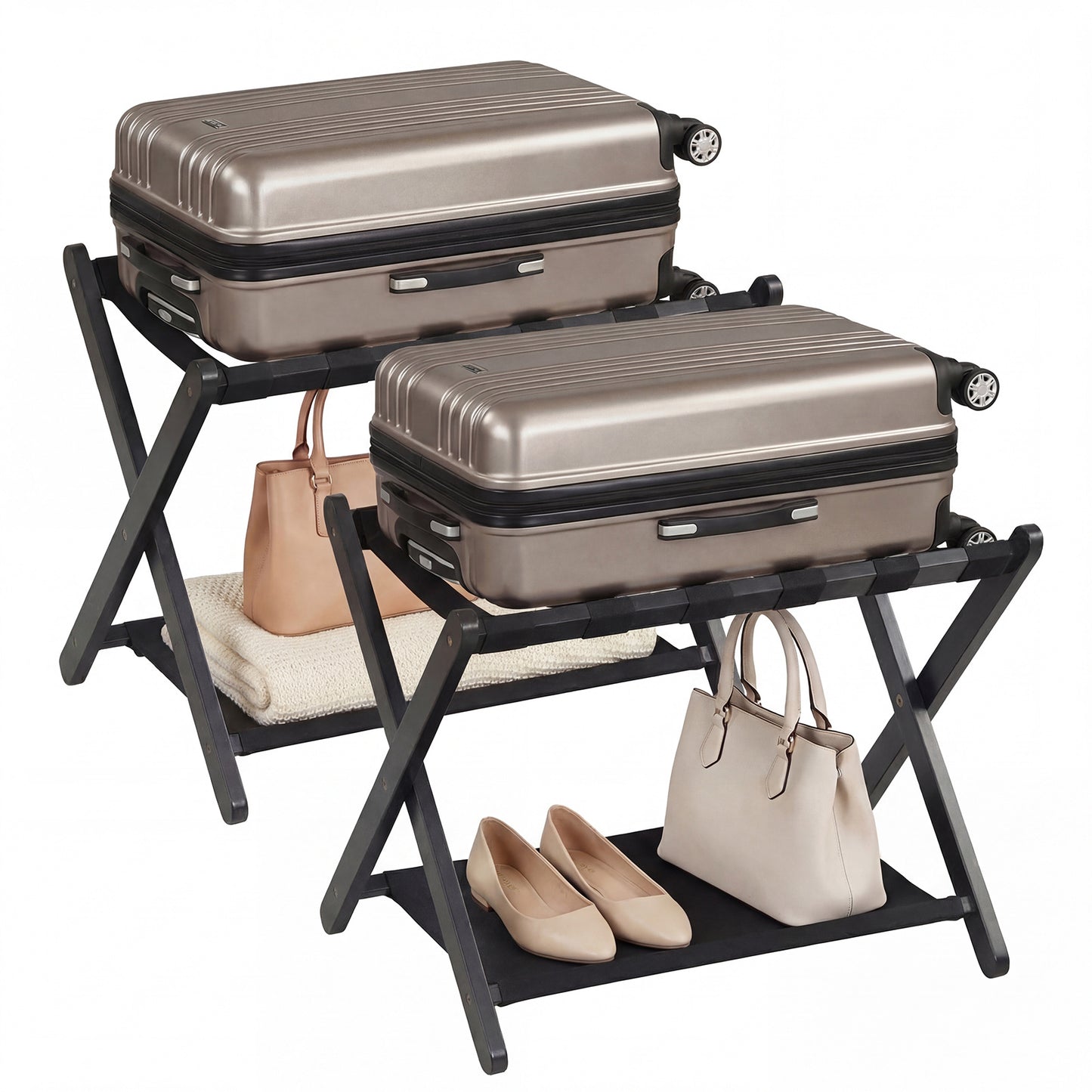 Costway 2 Stucks Opvouwbare Kofferstandaard Bagagerek van Rubberboomhout met 2 Legplanken Kofferbok 67 x 46 x 52 cm Zwart
