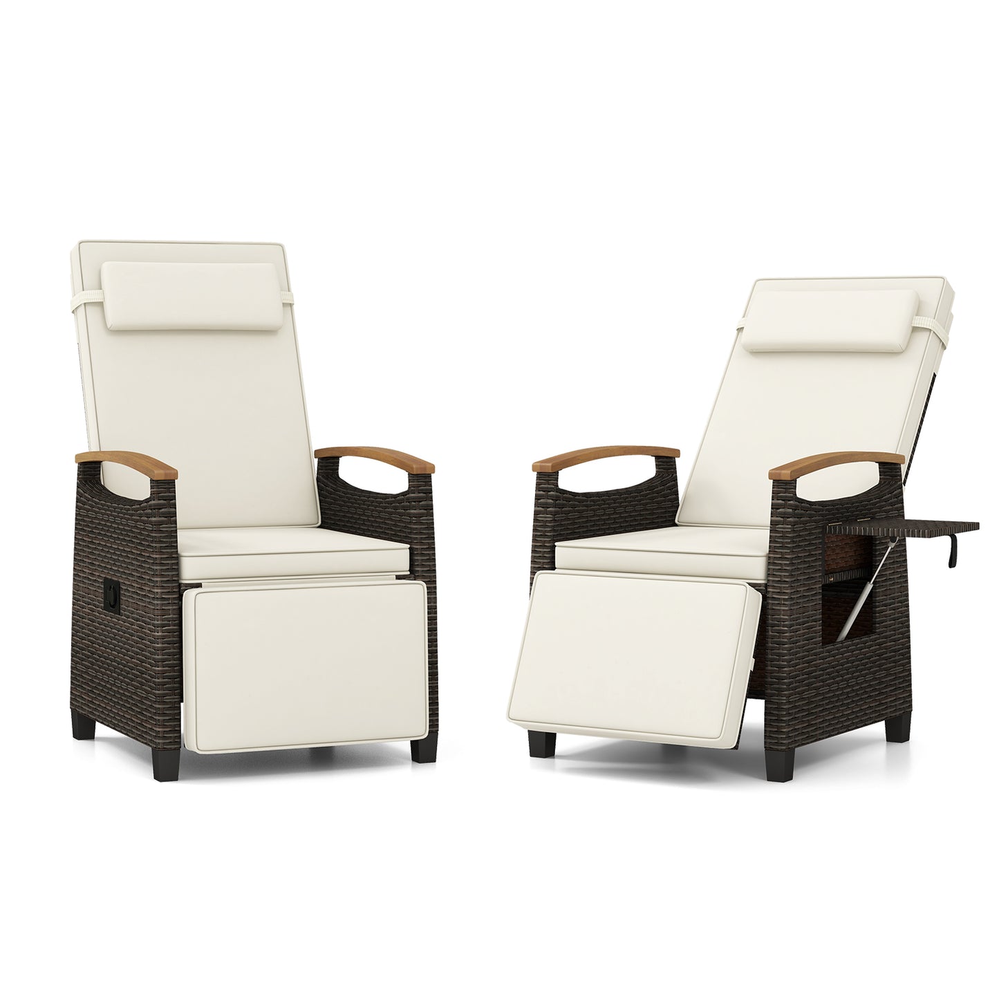 Costway 2 Stucks Relaxstoel van Rattan met Zachte Kussens Verstelbare Rugleuning en Voetensteun Wit