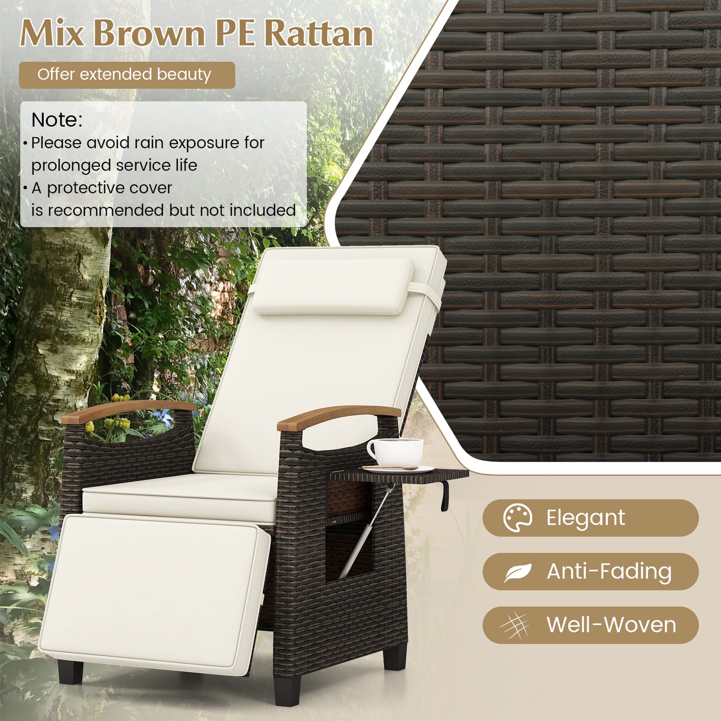 Costway 2 Stucks Relaxstoel van Rattan met Zachte Kussens Verstelbare Rugleuning en Voetensteun Wit
