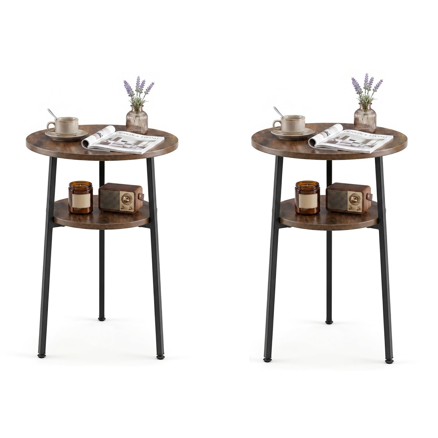 Costway 2 Stucks Ronde Salontafel Ø39 cm Bijzettafel met 2 Niveaus Woonkamertafel met Stalen Frame Kleine Salontafel Bruin