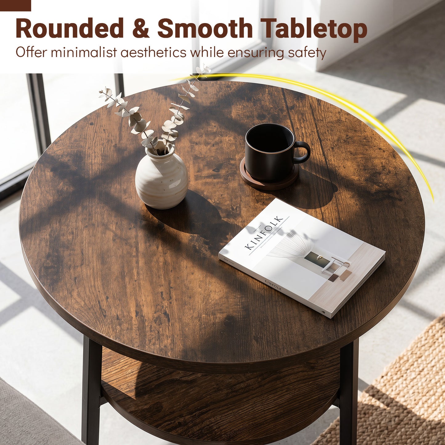 Costway 2 Stucks Ronde Salontafel Ø39 cm Bijzettafel met 2 Niveaus Woonkamertafel met Stalen Frame Kleine Salontafel Bruin
