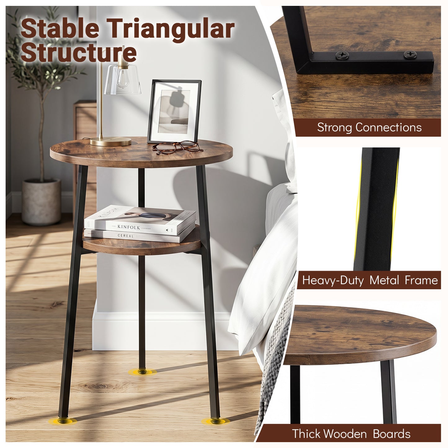 Costway 2 Stucks Ronde Salontafel Ø39 cm Bijzettafel met 2 Niveaus Woonkamertafel met Stalen Frame Kleine Salontafel Bruin