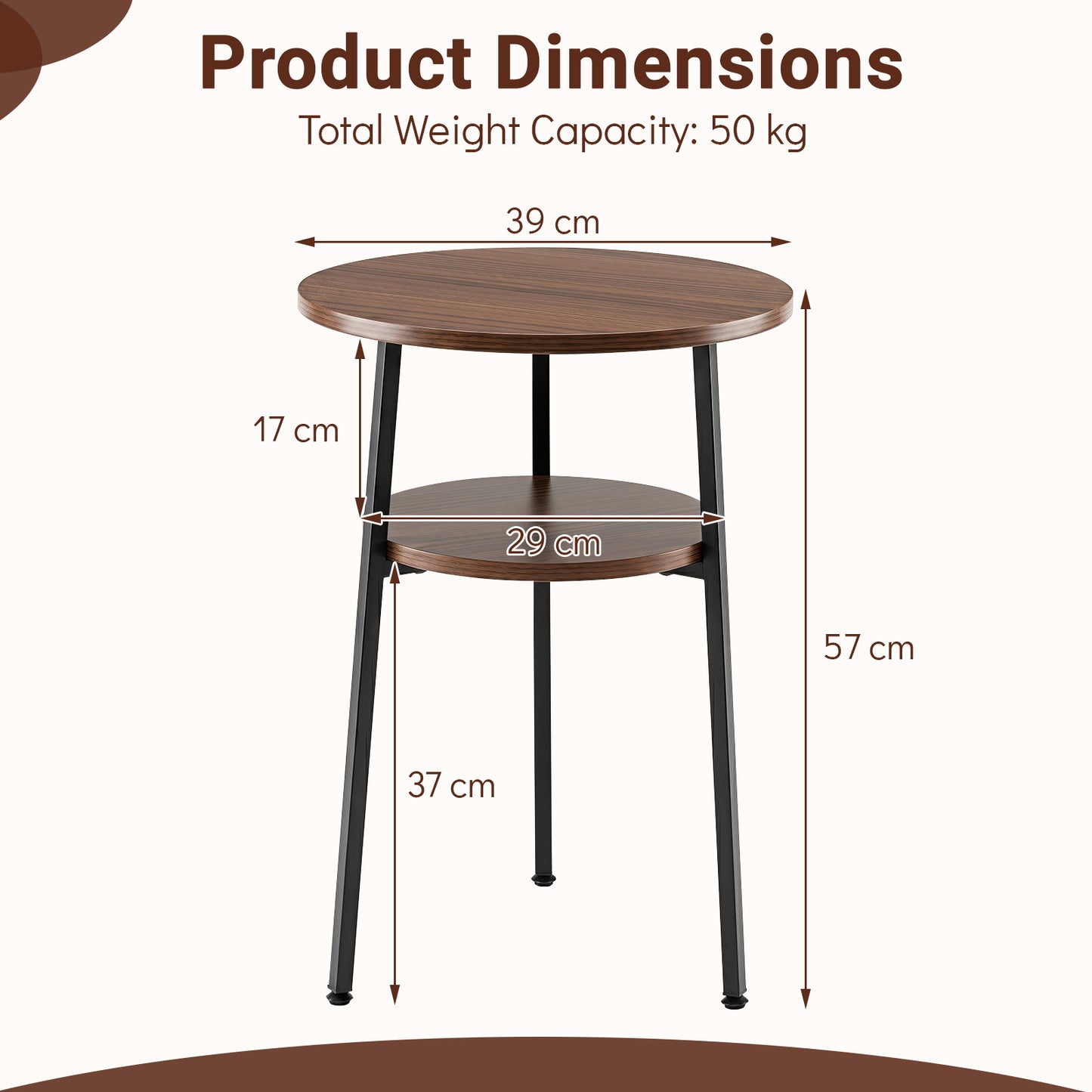 Costway 2 Stucks Ronde Salontafel Ø39 cm Bijzettafel met 2 Niveaus Woonkamertafel met Stalen Frame Kleine Salontafel Okkernoot