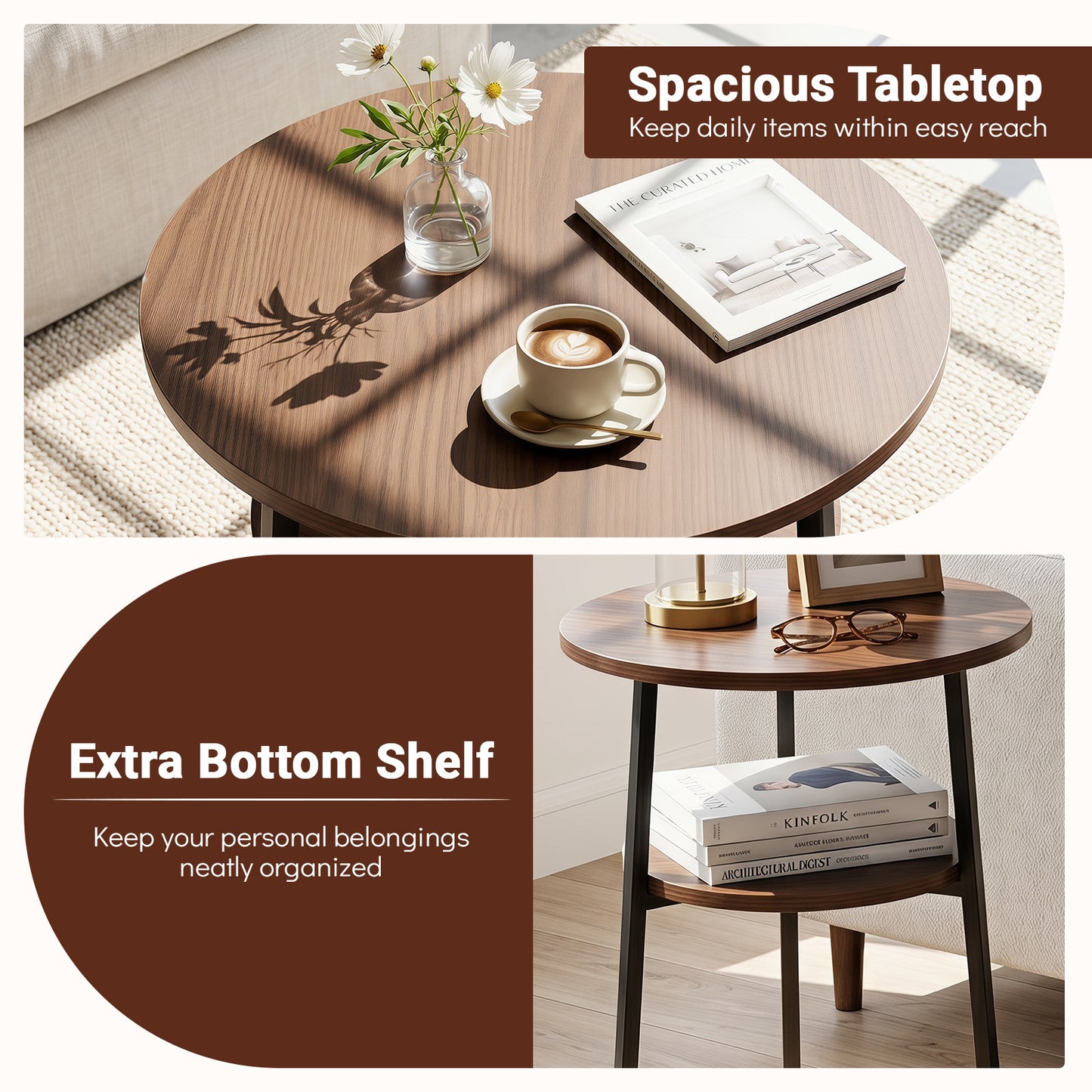 Costway 2 Stucks Ronde Salontafel Ø39 cm Bijzettafel met 2 Niveaus Woonkamertafel met Stalen Frame Kleine Salontafel Okkernoot
