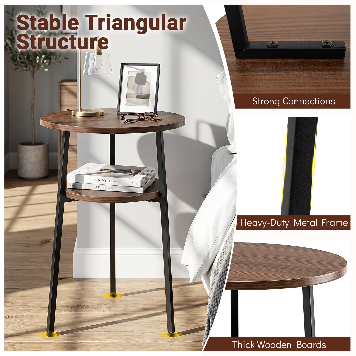 Costway 2 Stucks Ronde Salontafel Ø39 cm Bijzettafel met 2 Niveaus Woonkamertafel met Stalen Frame Kleine Salontafel Okkernoot