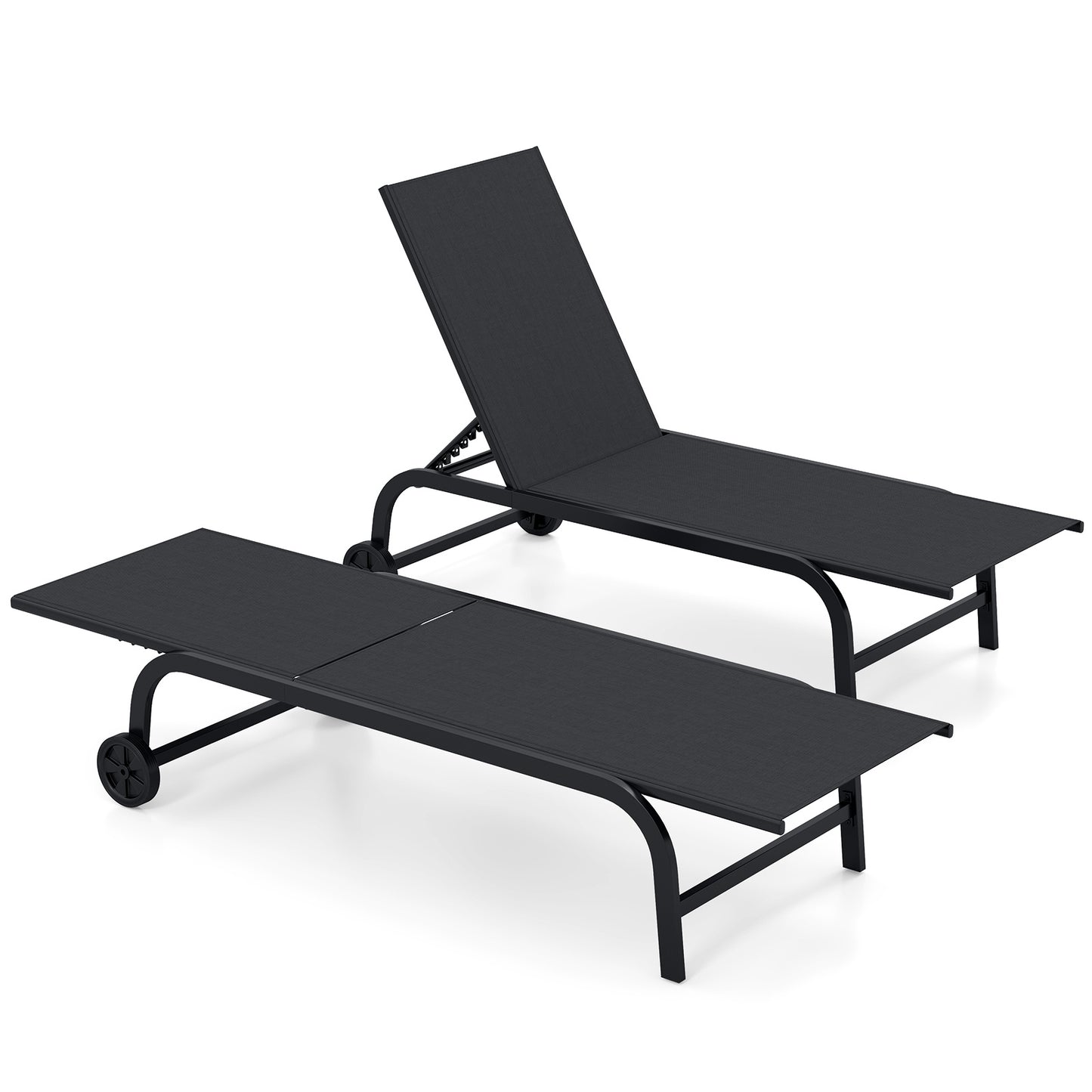 Costway 2 Stucks Zonnebed met Wielen Robuust Tuinbed met 6-voudig Verstelbare Rugleuning tot 180° Plat Ligstoel Zwart