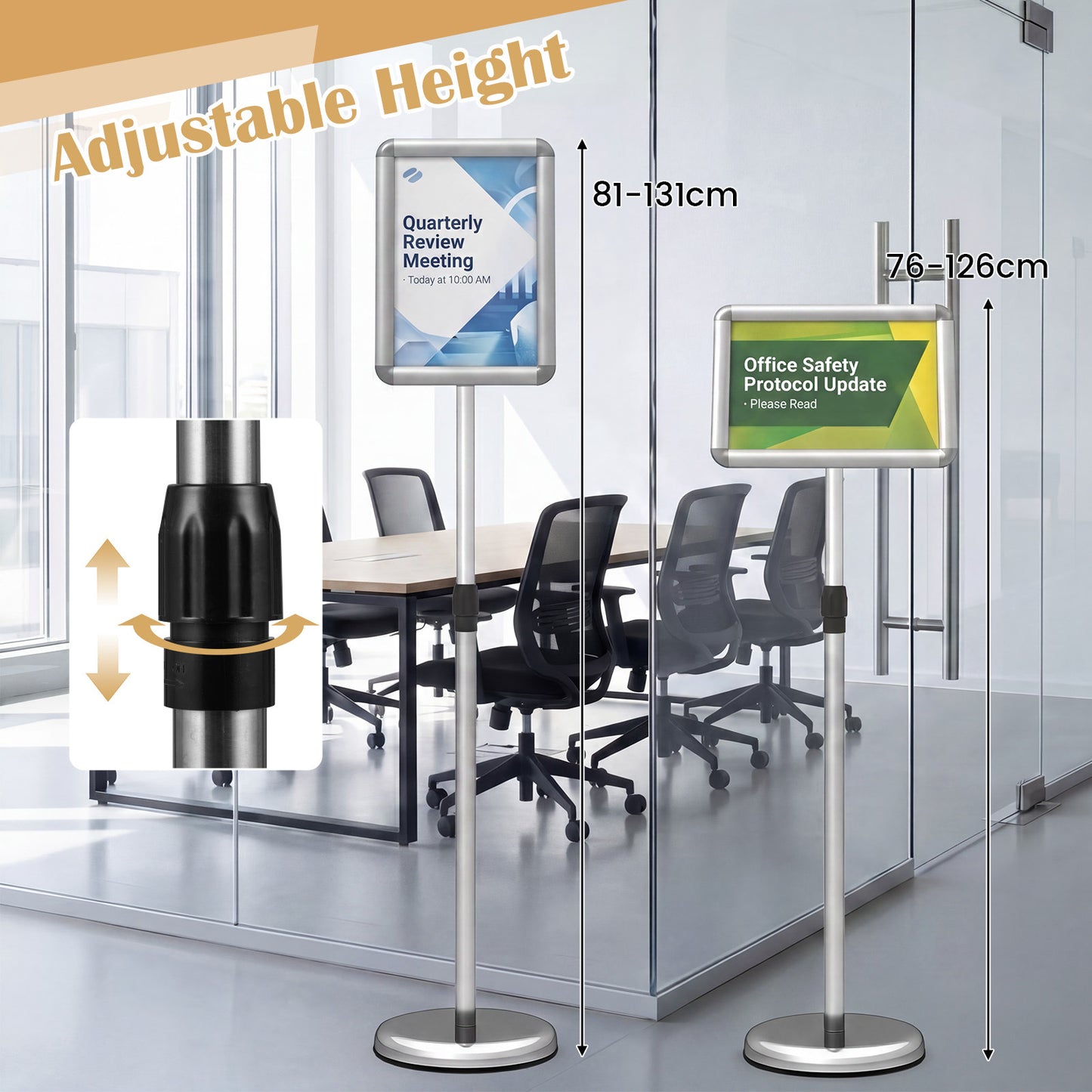 Costway (2 Stuks) Informatiehouder A4 81–131 cm in Hoogte Verstelbare Menukaartenhouder Draaibaar Posterstandaard met Vulbare Voet Reclamehouder Bordhouder Zilver