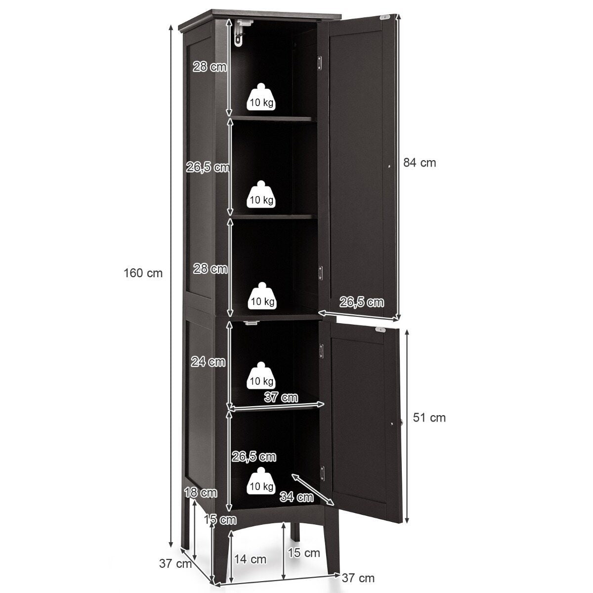 Costway (2 Stuks)Opbergmeubel voor Badkamer Staande Kolom met 5 Niveaus Opbergkasten voor Keuken Woonkamer-Bruin