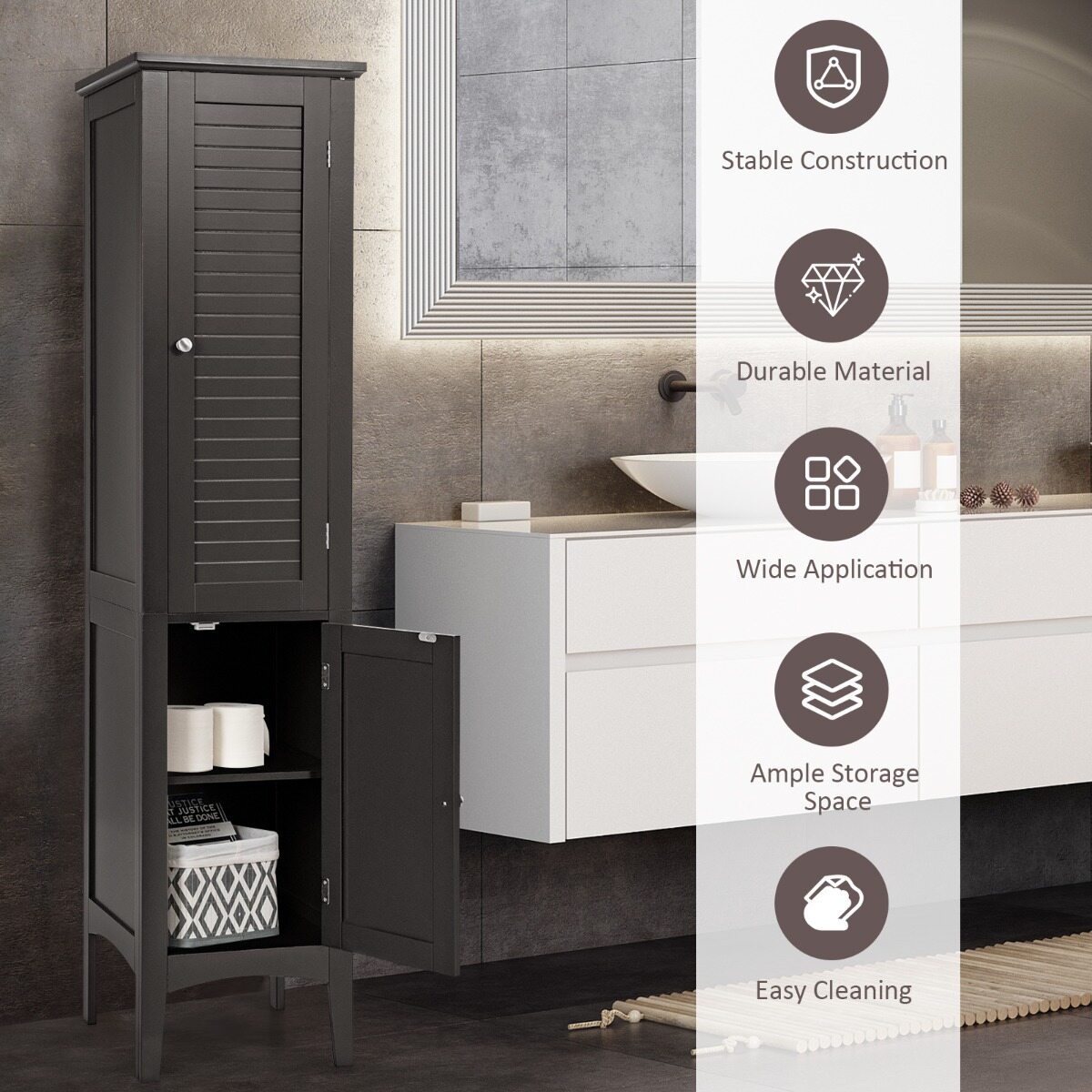 Costway (2 Stuks)Opbergmeubel voor Badkamer Staande Kolom met 5 Niveaus Opbergkasten voor Keuken Woonkamer-Bruin