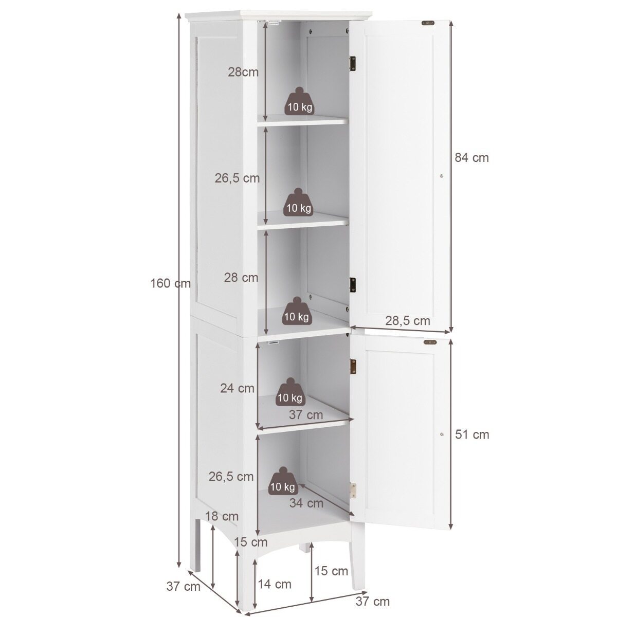 Costway (2 Stuks)Opbergmeubel voor Badkamer Staande Kolom met 5 Niveaus Opbergkasten voor Keuken Woonkamer-Wit