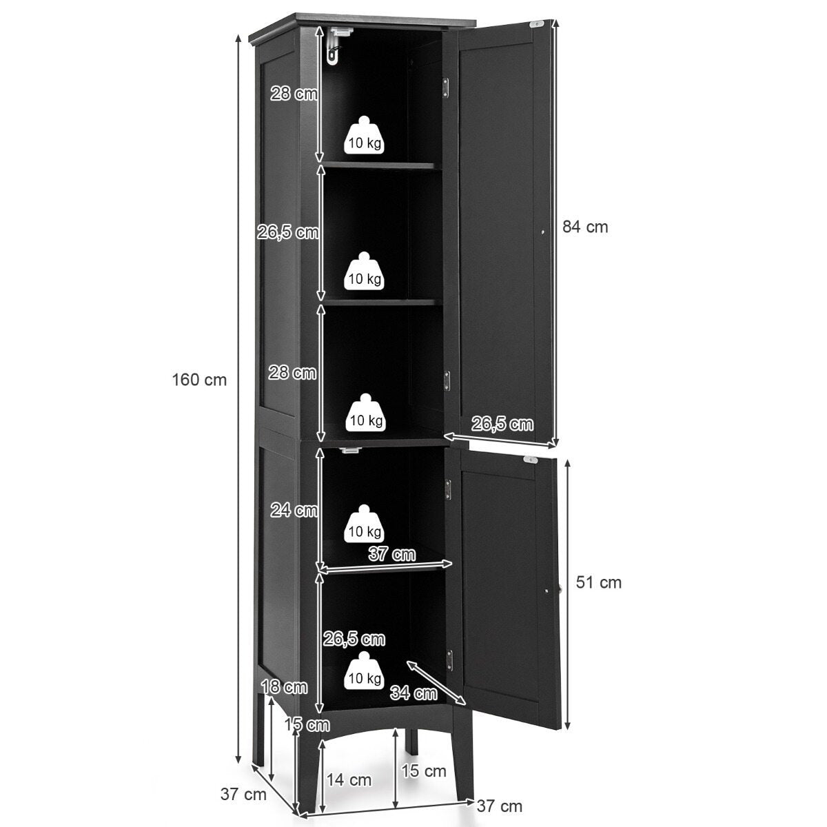 Costway (2 Stuks)Opbergmeubel voor Badkamer Staande Kolom met 5 Niveaus Opbergkasten voor Keuken Woonkamer-Zwart