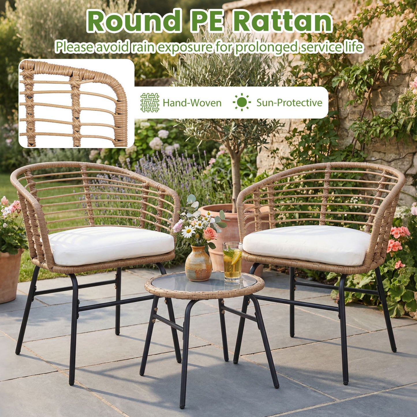Costway 3-delig Rattan Tuinmeubel Set Bistroset voor 2 Personen Balkonmeubels met Glastafel & Ergonomische