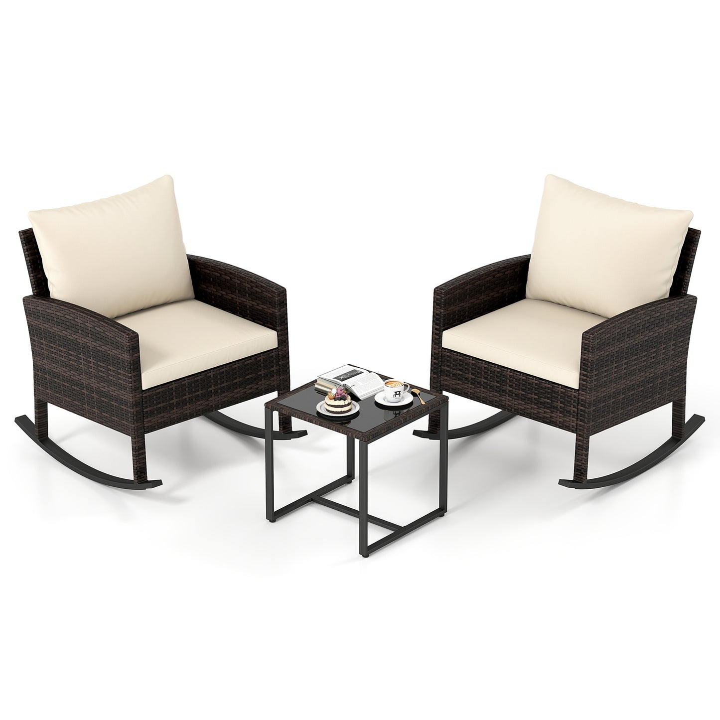 Costway 3-Delig Tuinmeubelset Balkonmeubels van Rattan met 2 Schommelstoelen & Glazen Tafel Balkonset Beige