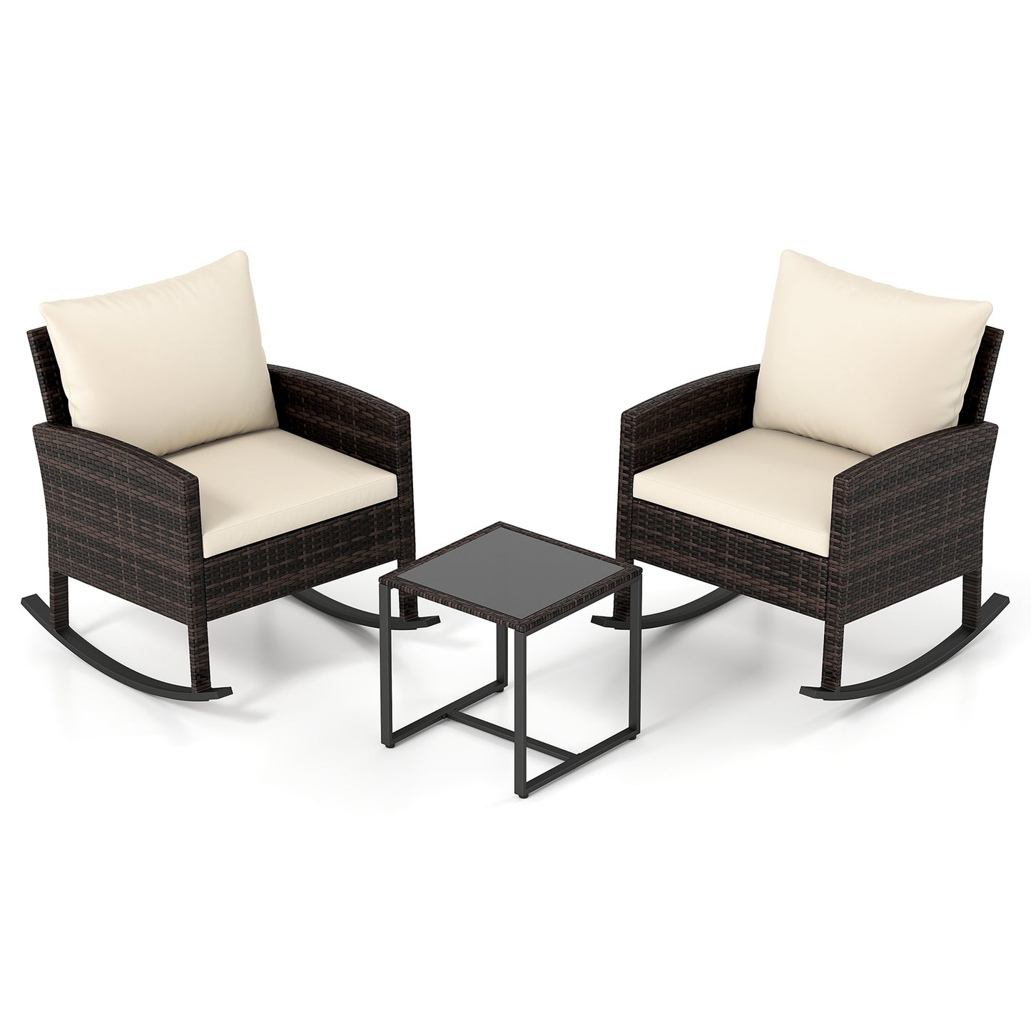 Costway 3-Delig Tuinmeubelset Balkonmeubels van Rattan met 2 Schommelstoelen & Glazen Tafel Balkonset Beige