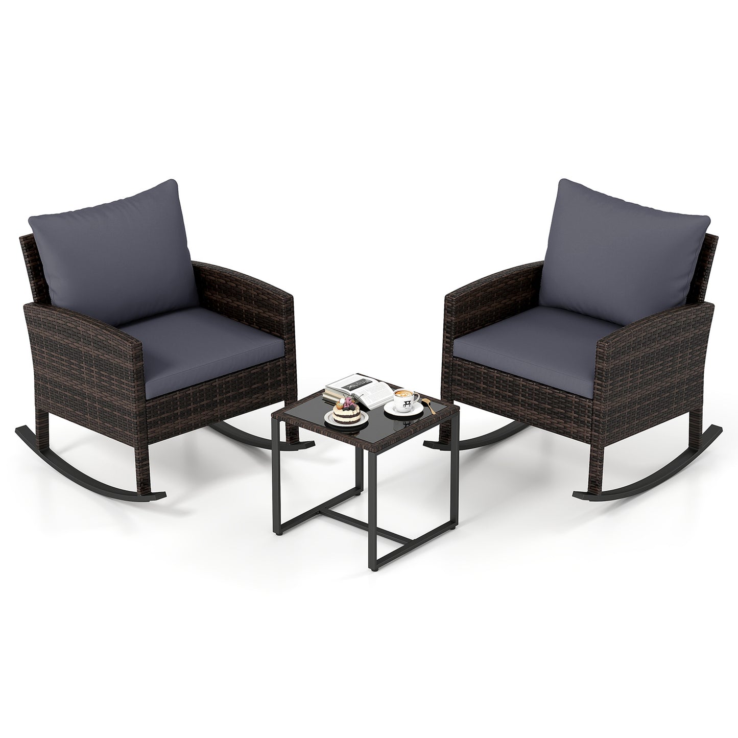 Costway 3-Delig Tuinmeubelset Balkonmeubels van Rattan met 2 Schommelstoelen & Glazen Tafel Balkonset Grijs