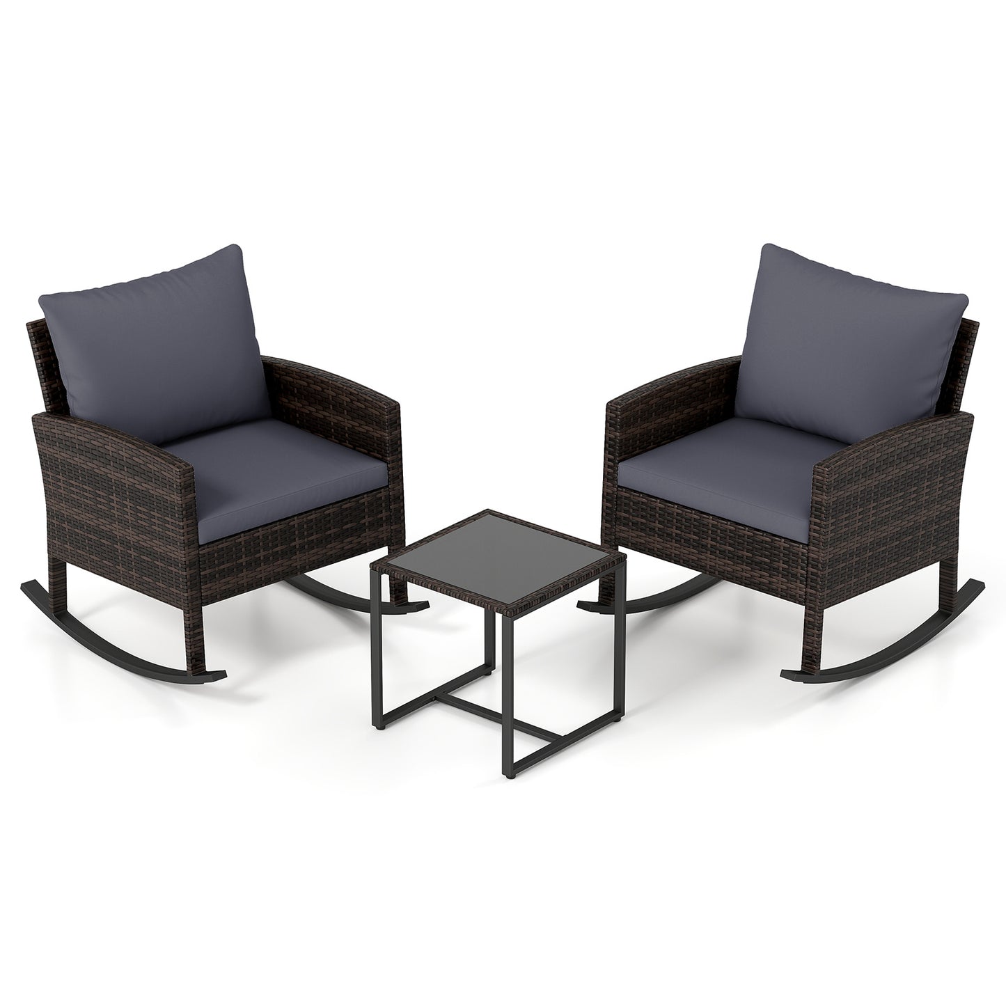 Costway 3-Delig Tuinmeubelset Balkonmeubels van Rattan met 2 Schommelstoelen & Glazen Tafel Balkonset Grijs