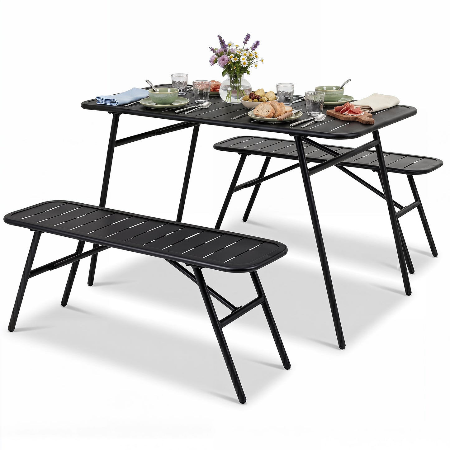 Costway 3-delig Tuinmeubelset van Metaal Balkonmeubels met Tafel & 2 Banken Moderne Tuinstoelen