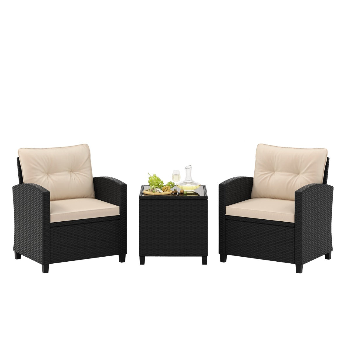 Costway 3-delige Loungeset van Rotan Tuinmeubelset met Zit- en Rugkussens Bijzettafel Comfortabele Zitgroep voor Tuin Beige