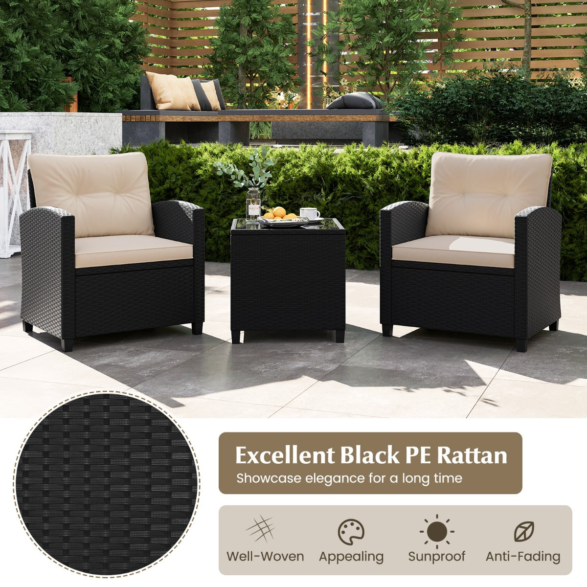 Costway 3-delige Loungeset van Rotan Tuinmeubelset met Zit- en Rugkussens Bijzettafel Comfortabele Zitgroep voor Tuin Beige