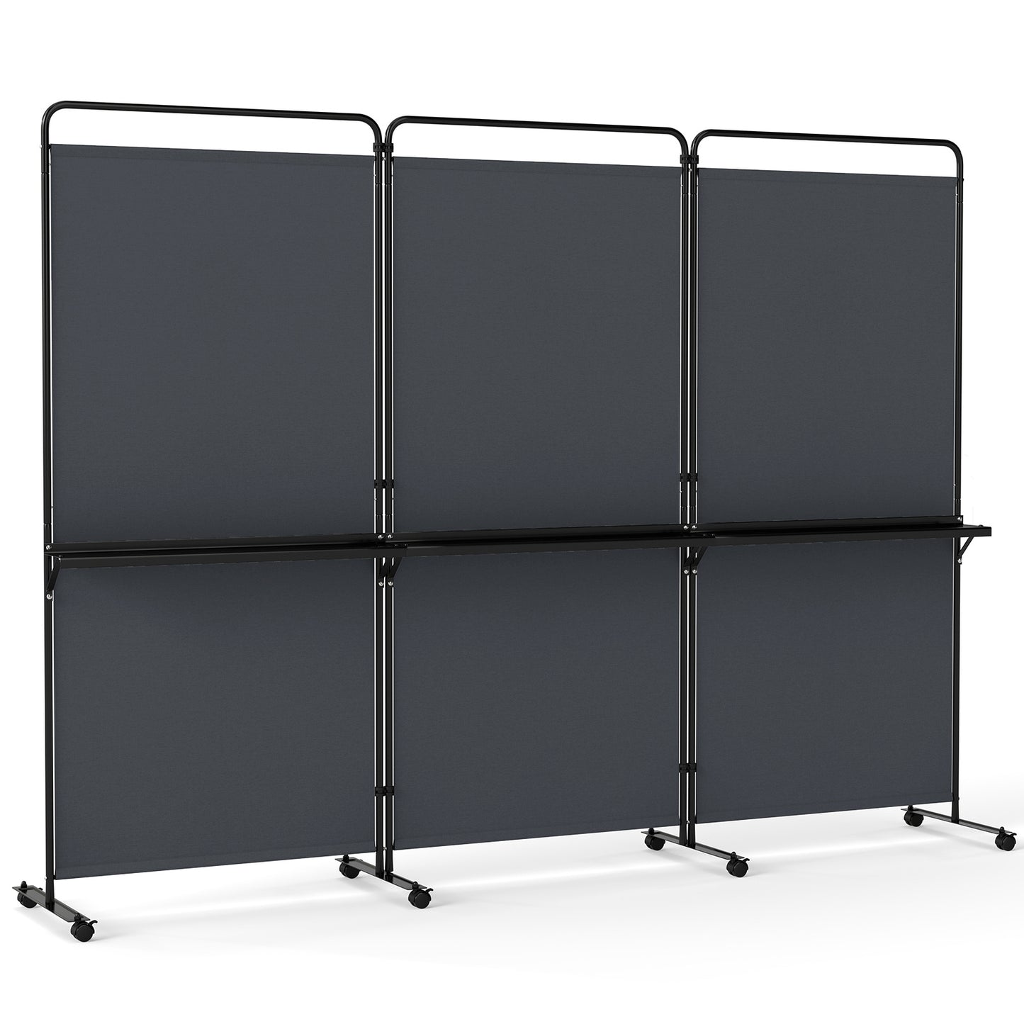 Costway 3-delige Ruimteverdeler op Wieltjes Opvouwbaar Kamerscherm met 3 Planken 259 x 44 x 188 cm Grijs