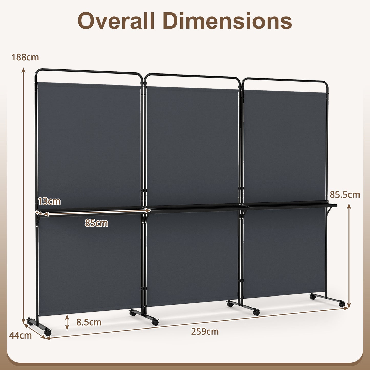 Costway 3-delige Ruimteverdeler op Wieltjes Opvouwbaar Kamerscherm met 3 Planken 259 x 44 x 188 cm Grijs