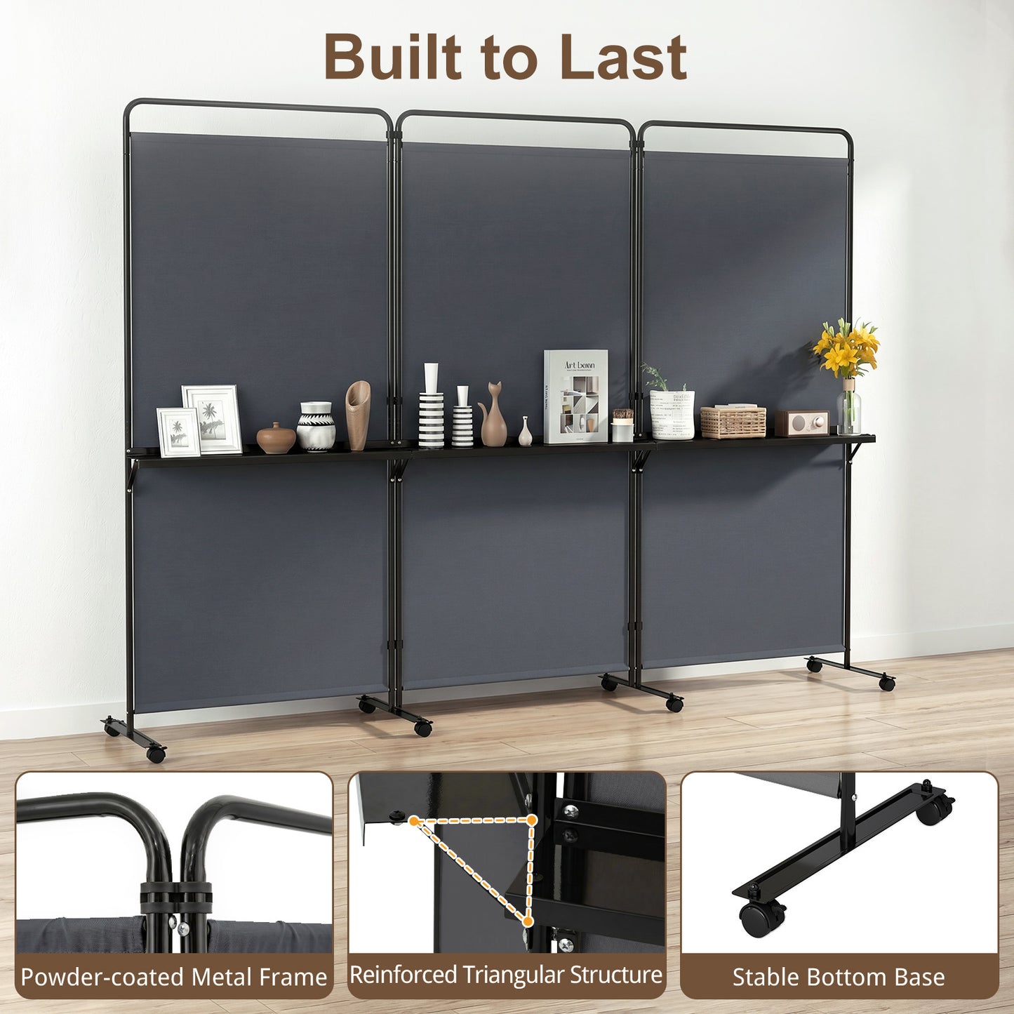 Costway 3-delige Ruimteverdeler op Wieltjes Opvouwbaar Kamerscherm met 3 Planken 259 x 44 x 188 cm Grijs