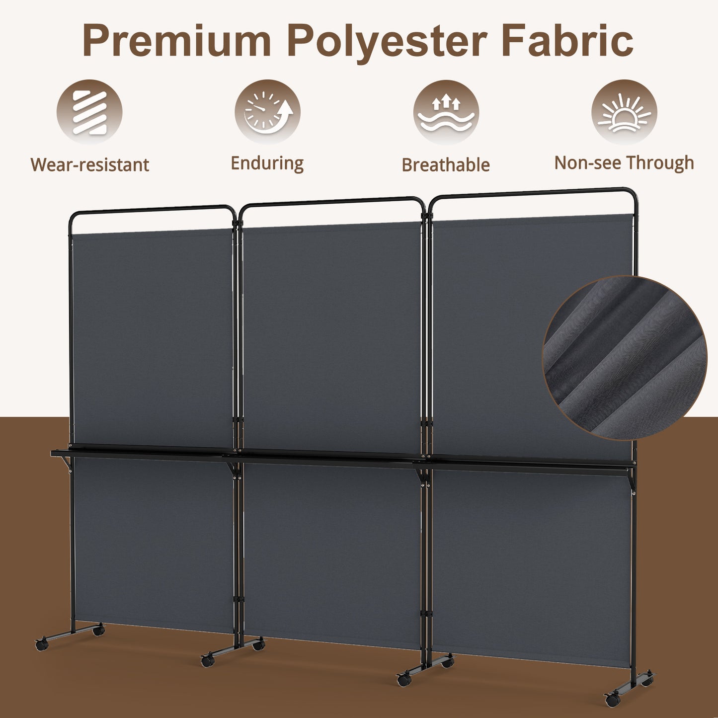 Costway 3-delige Ruimteverdeler op Wieltjes Opvouwbaar Kamerscherm met 3 Planken 259 x 44 x 188 cm Grijs