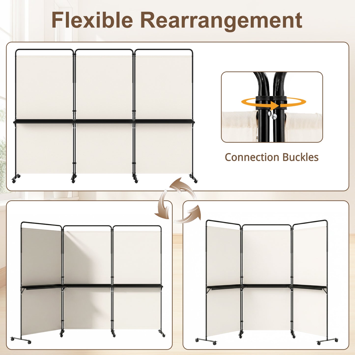 Costway 3-delige Ruimteverdeler op Wieltjes Opvouwbaar Kamerscherm met 3 Planken 259 x 44 x 188 cm Wit