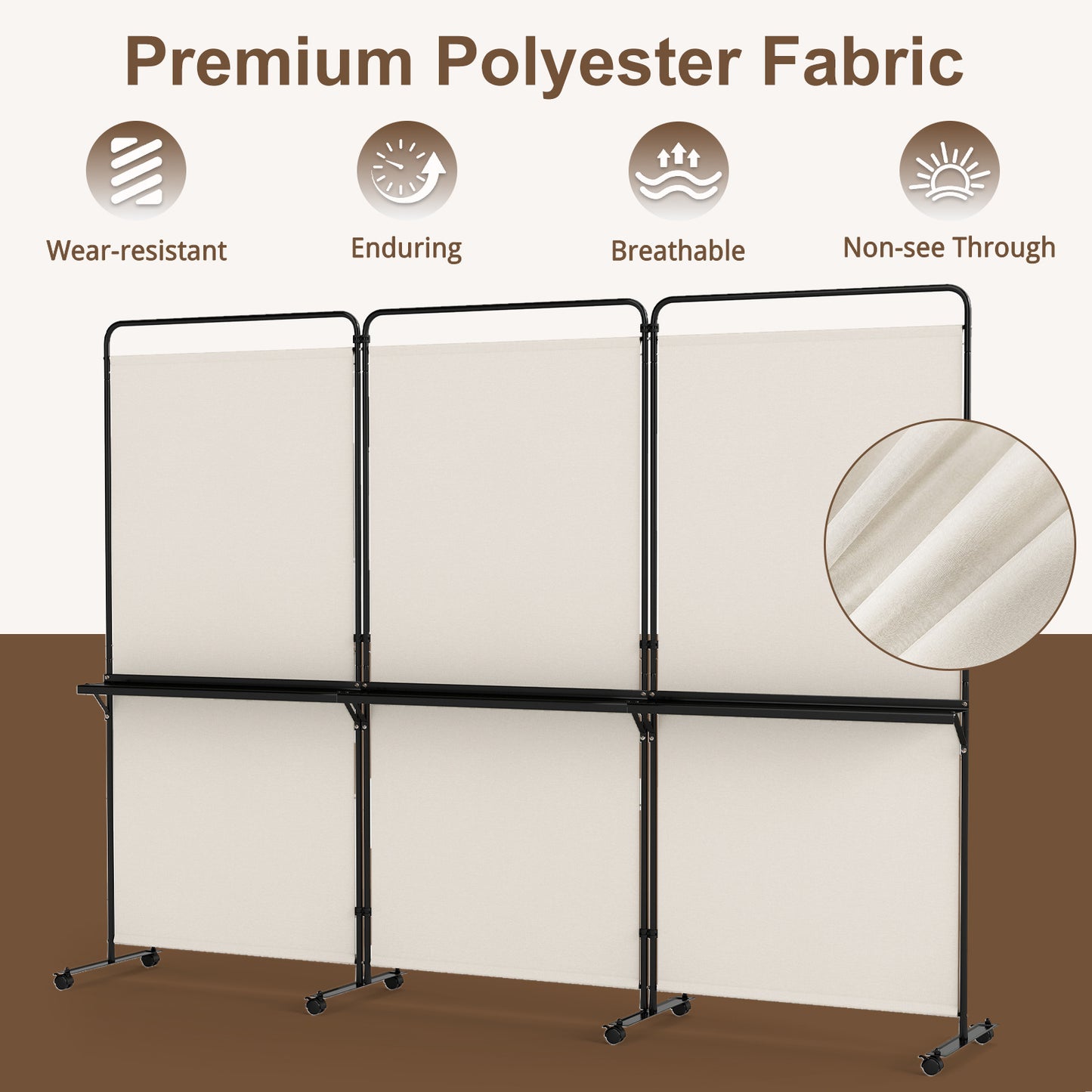 Costway 3-delige Ruimteverdeler op Wieltjes Opvouwbaar Kamerscherm met 3 Planken 259 x 44 x 188 cm Wit