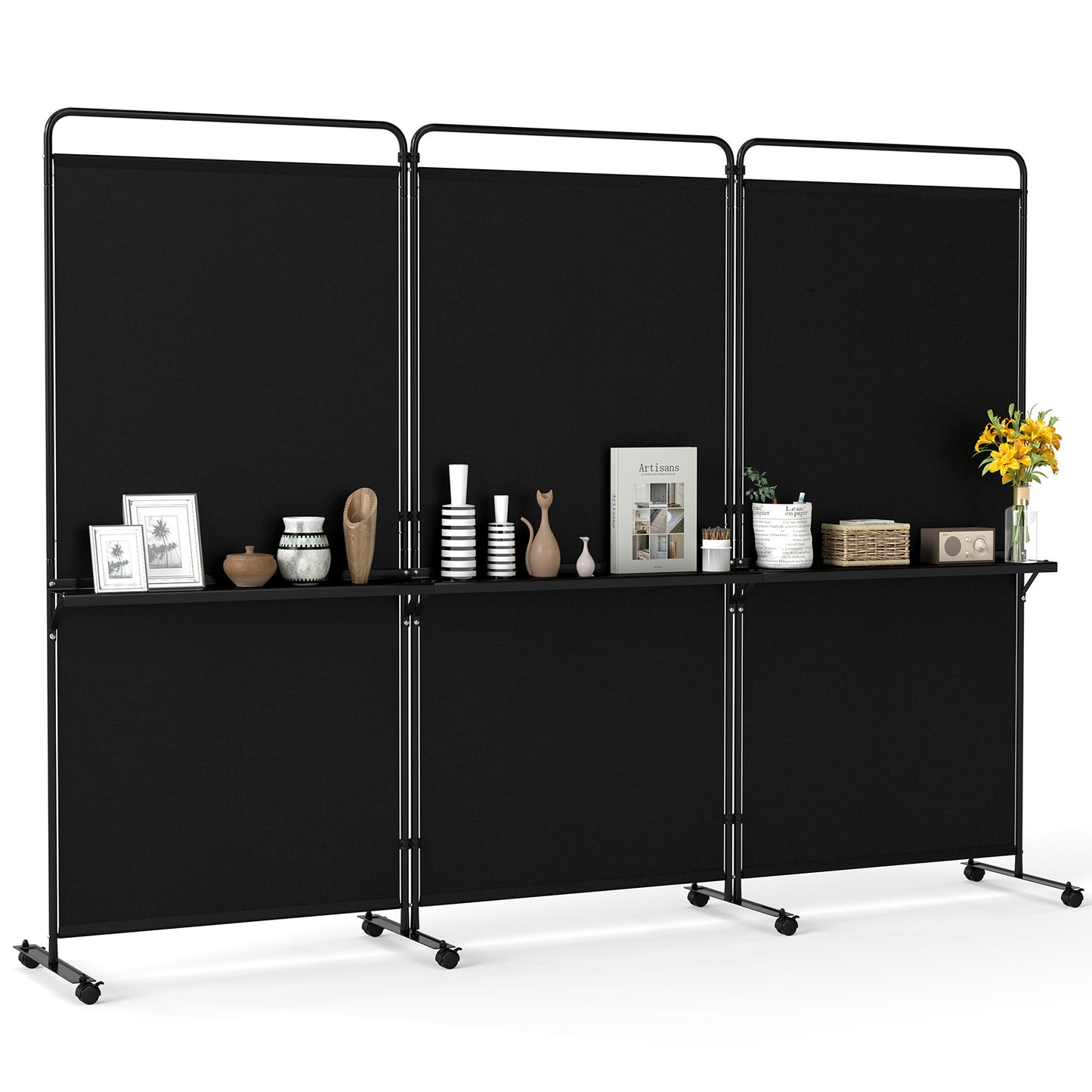 Costway 3-delige Ruimteverdeler op Wieltjes Opvouwbaar Kamerscherm met 3 Planken 259 x 44 x 188 cm Zwart